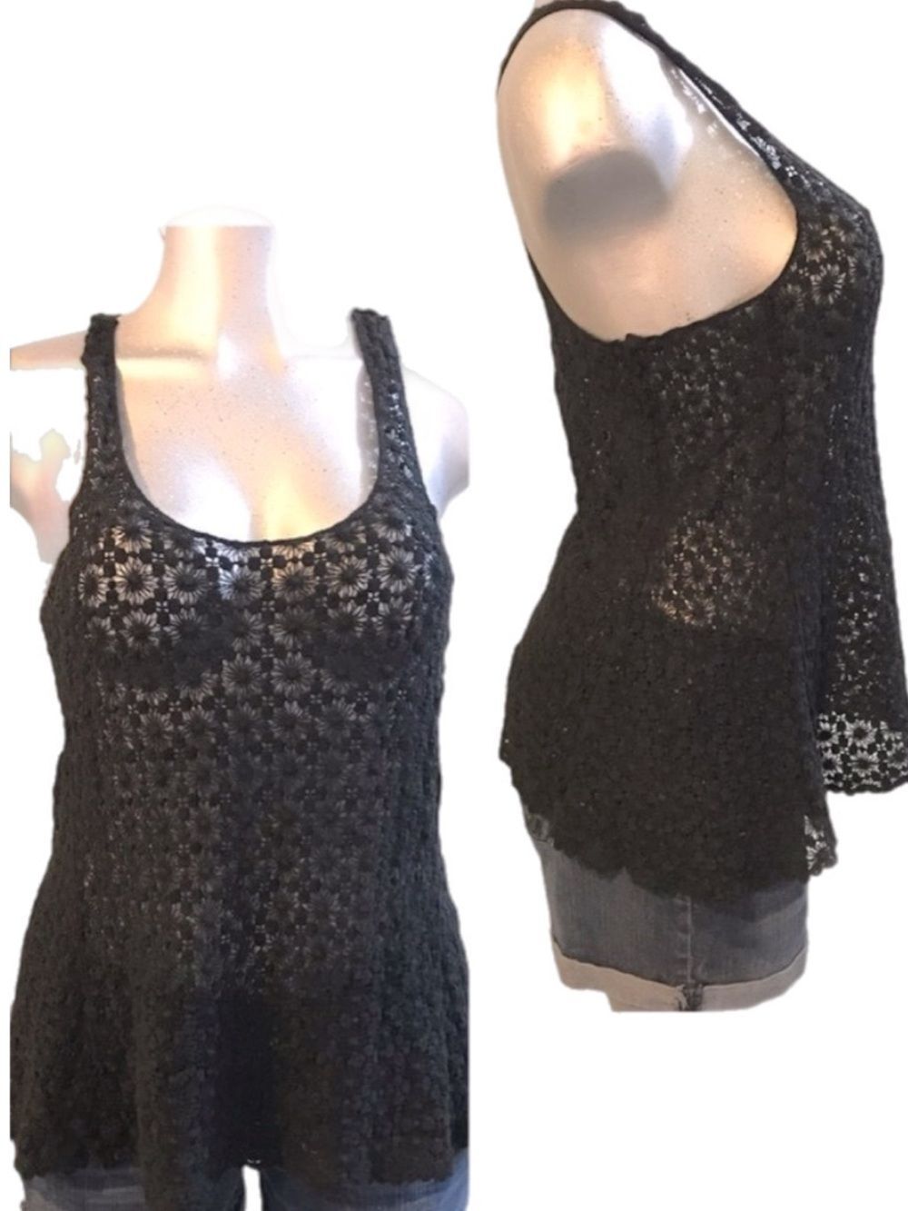 FINN & CLOVER All Over Floral Lace Mesh Cami Tank Top Racerback Sheer Fairy Goth